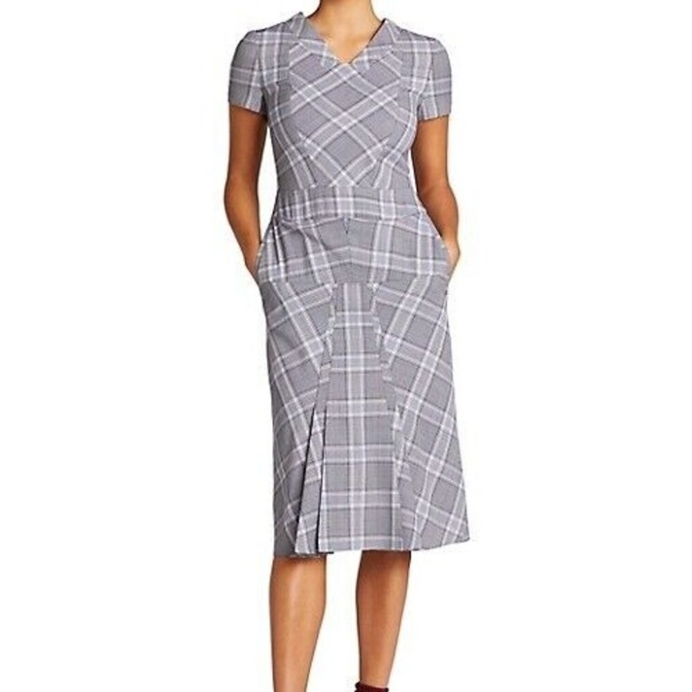 Roland Mouret Bowland Checked Wool Dress in Light Gray Short Sleeve US 8 TP01